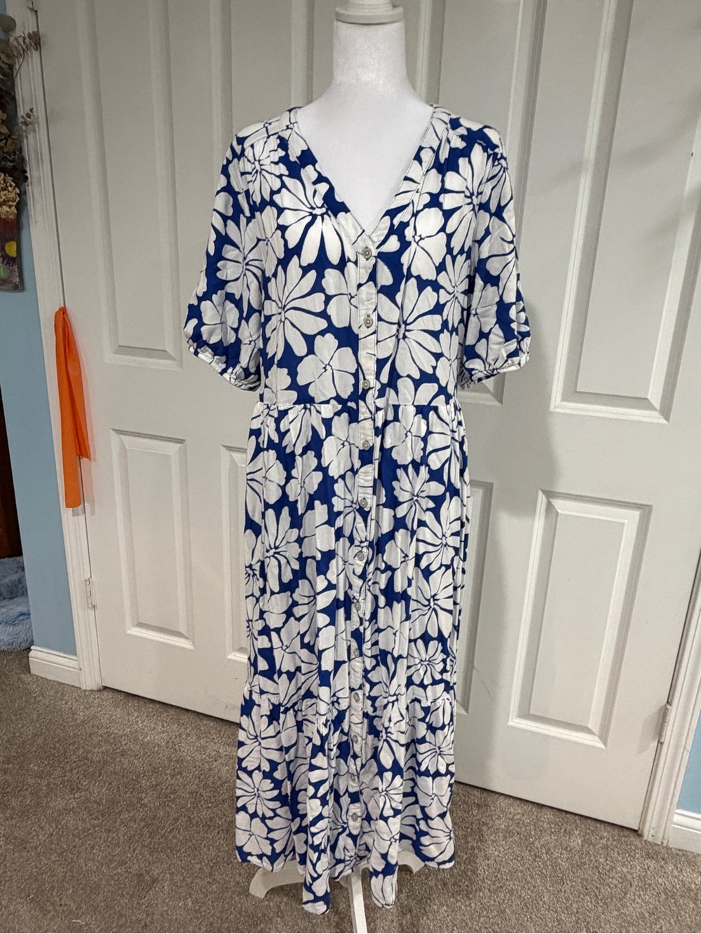 Sonoma Blue and White Floral V-Neck Button Maxi Dress